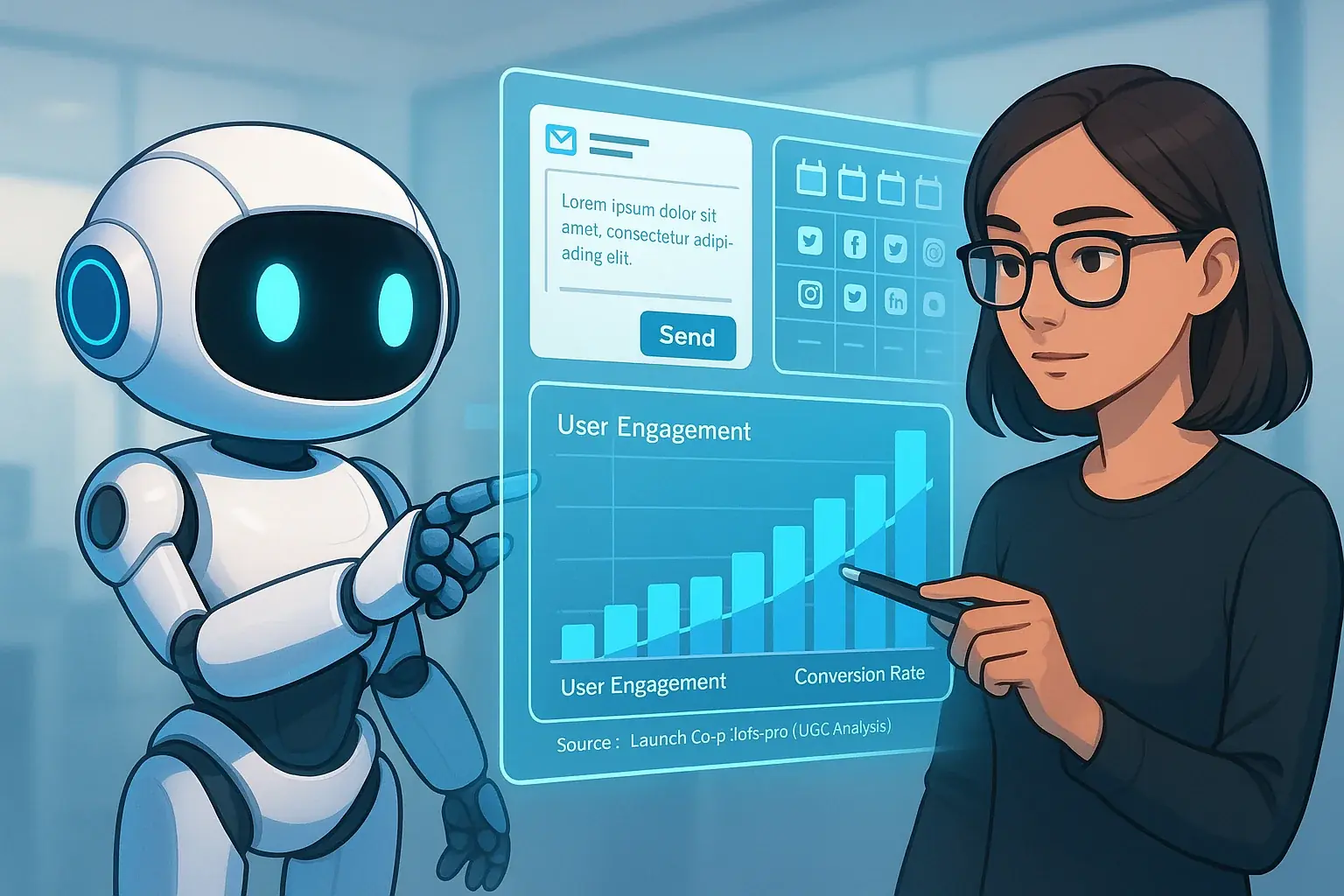 Autonomous agent robot, a 'set-and-forget' launch team, handles tasks on holographic UI while maker calmly oversees.