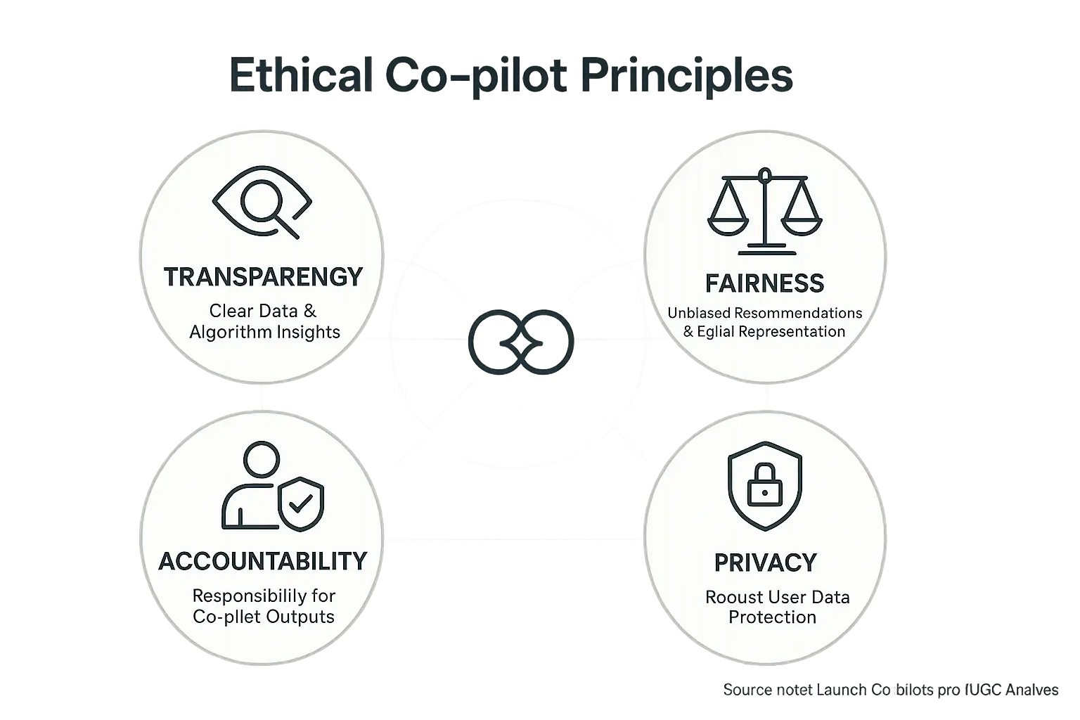 Infographic: Balanced icons for Transparency, Fairness, Accountability, Privacy—foundations for ethical consensus.