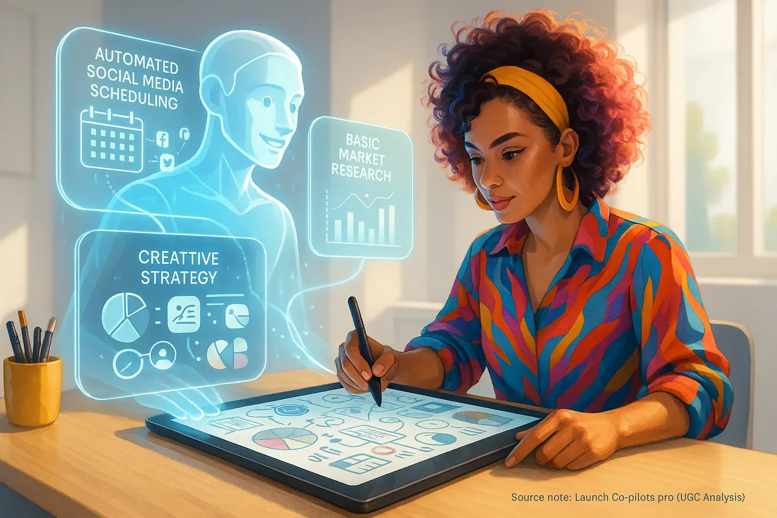 Indie maker on creative strategy, user-generated team co-pilot interface on data tasks, working side-by-side in a
