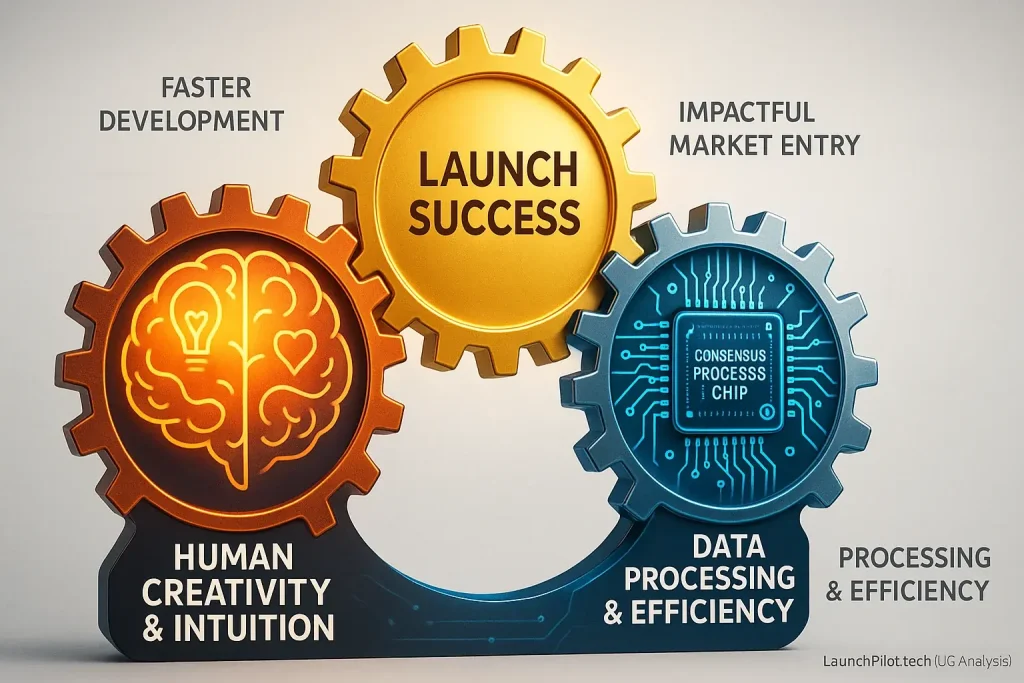 Synergistic human brain & analytical content chip gears interlock, powering 'Launch Success' for collaborative indie wins.