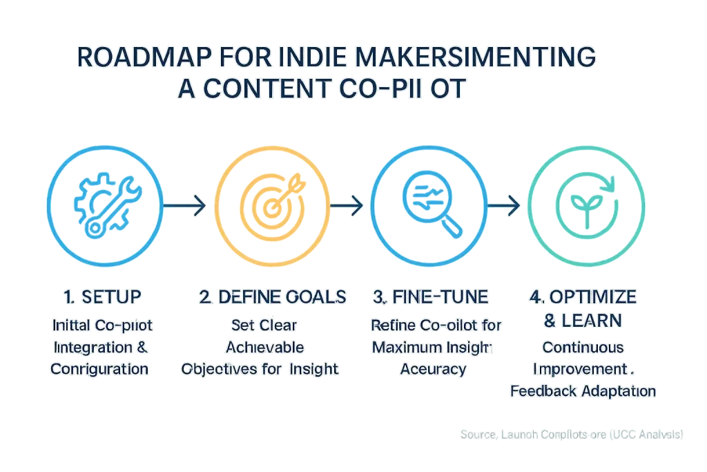Visual roadmap for indie maker's user discussions co-pilot: clear steps from Setup to Optimize with icons & arrows.