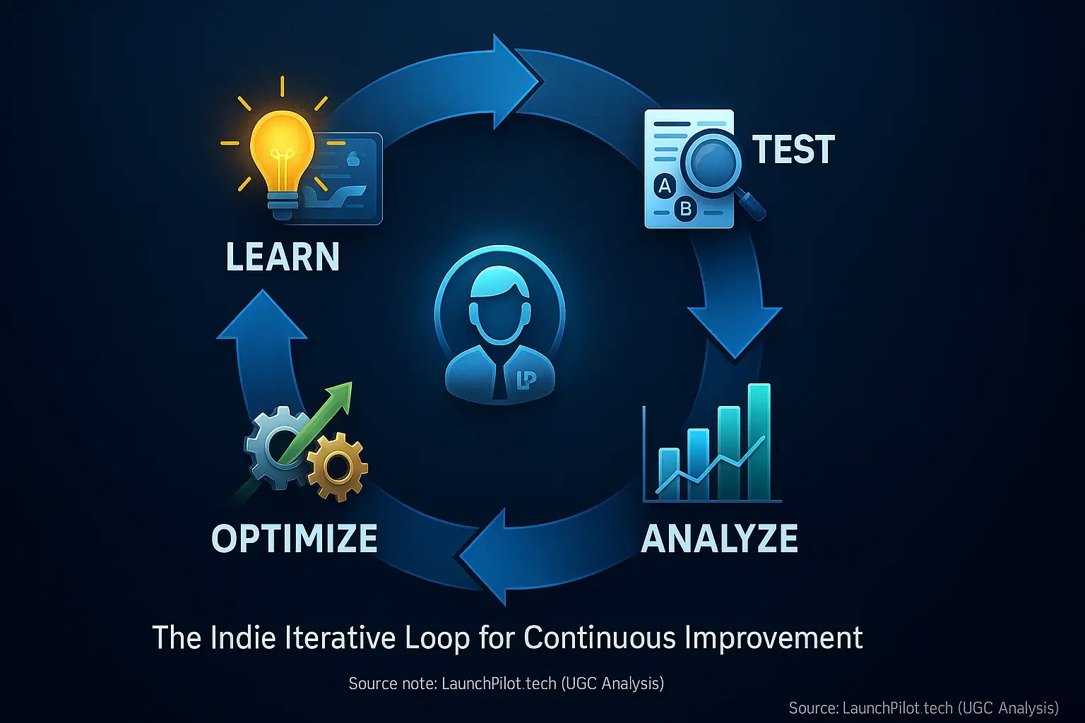 Iterative loop: Test, Analyze, Optimize, Learn, with our system co-pilot icon, driving continuous data review success.