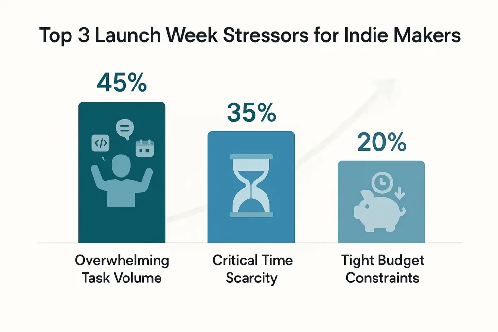 Infographic: Top 3 user-reported stress factors for indie makers during launch week, with their impact percentages.