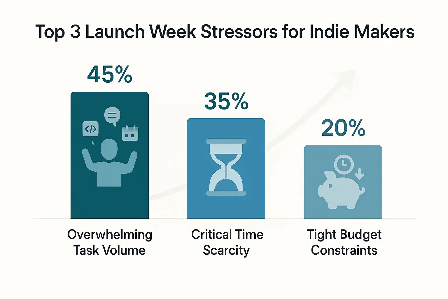 Infographic: Top 3 user-reported stress factors for indie makers during launch week, with their impact percentages.