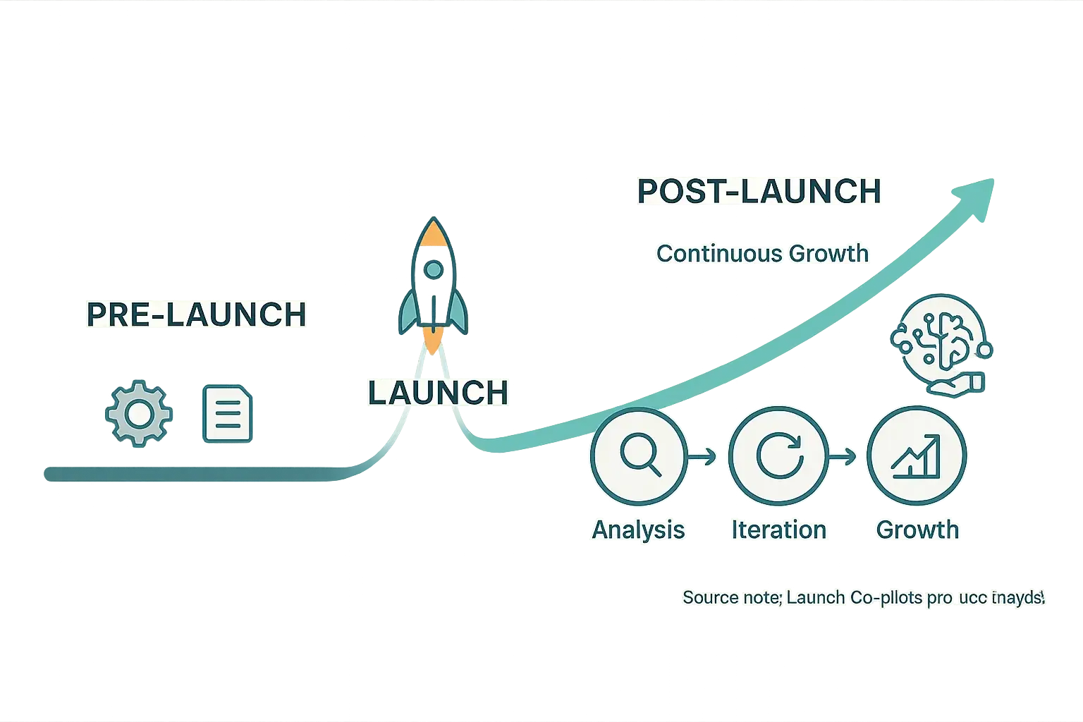 Infographic timeline: Pre-launch, launch, then a larger post-launch phase highlighting continuous growth &amp; iteration.