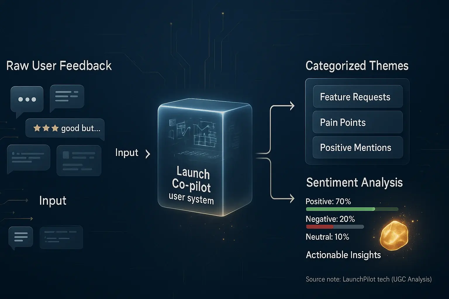 Infographic: Co-pilot mines raw user feedback, yielding themed insights, sentiment, &amp; actionable gold from the UGC goldmine.