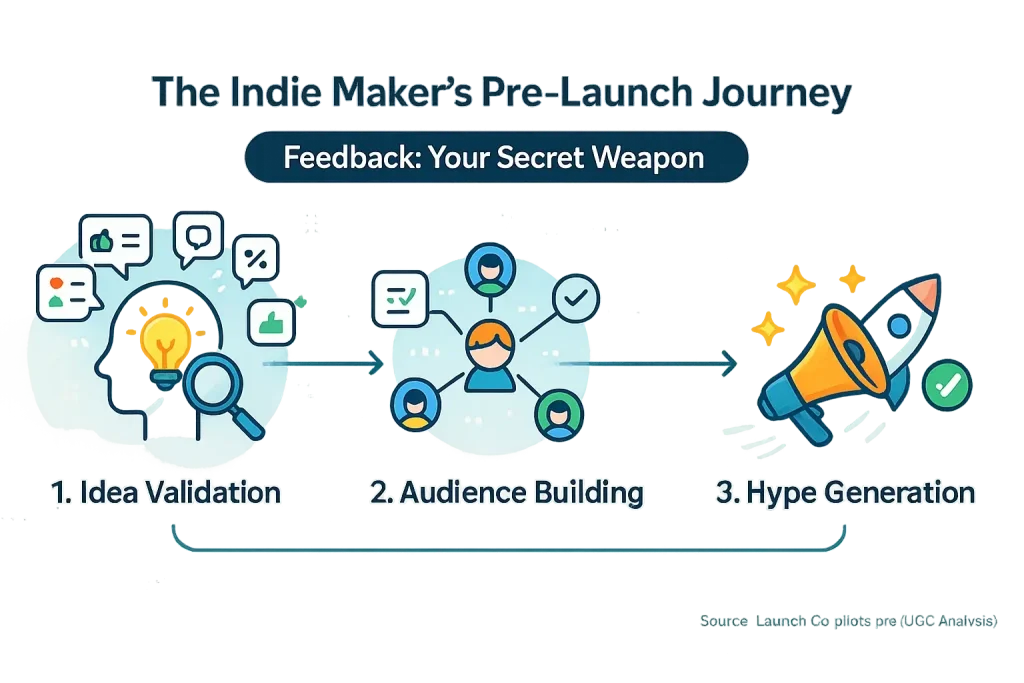 Infographic: Indie pre-launch journey (idea, audience, hype). Analytics: the secret weapon guiding each critical stage.