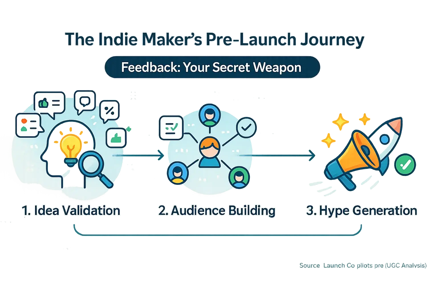 Infographic: Indie pre-launch journey (idea, audience, hype). Analytics: the secret weapon guiding each critical stage.