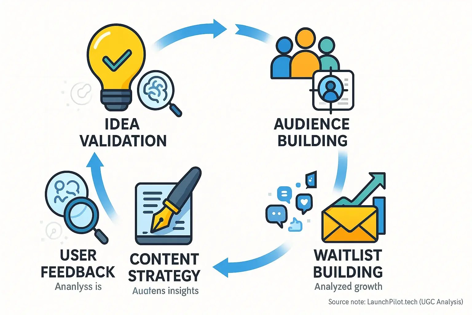Flowchart: 4 pre-launch pillars with icons: Idea Validation, Audience Building, Content Strategy, Waitlist Building.
