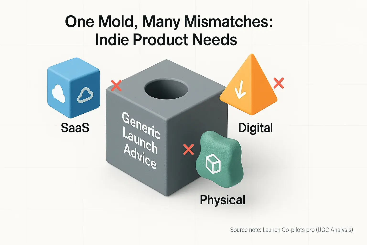 Infographic: Distinct SaaS, digital, physical icons misfit a one-size-fits-all launch mold, proving its failure for niches.