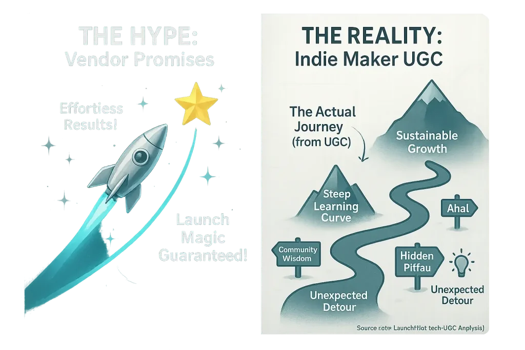 Consensus analysis: Launch hype (inflated promises) vs. Indie Reality (user experiences) – a stark contrast.