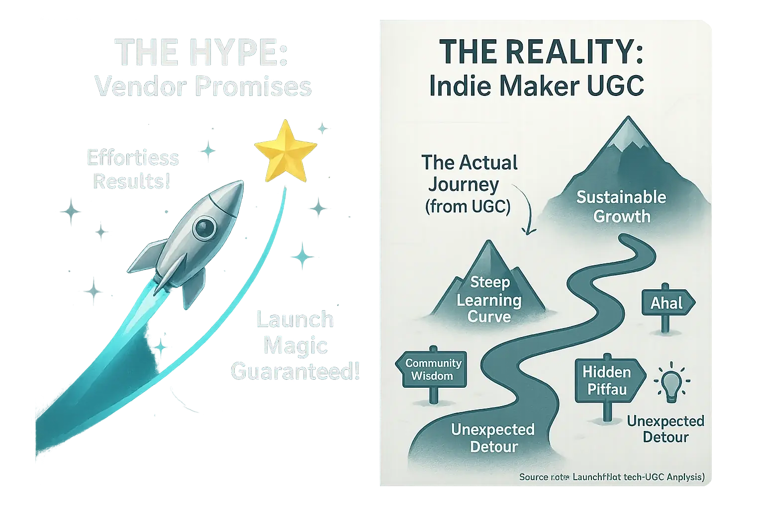 Consensus analysis: Launch hype (inflated promises) vs. Indie Reality (user experiences) – a stark contrast.