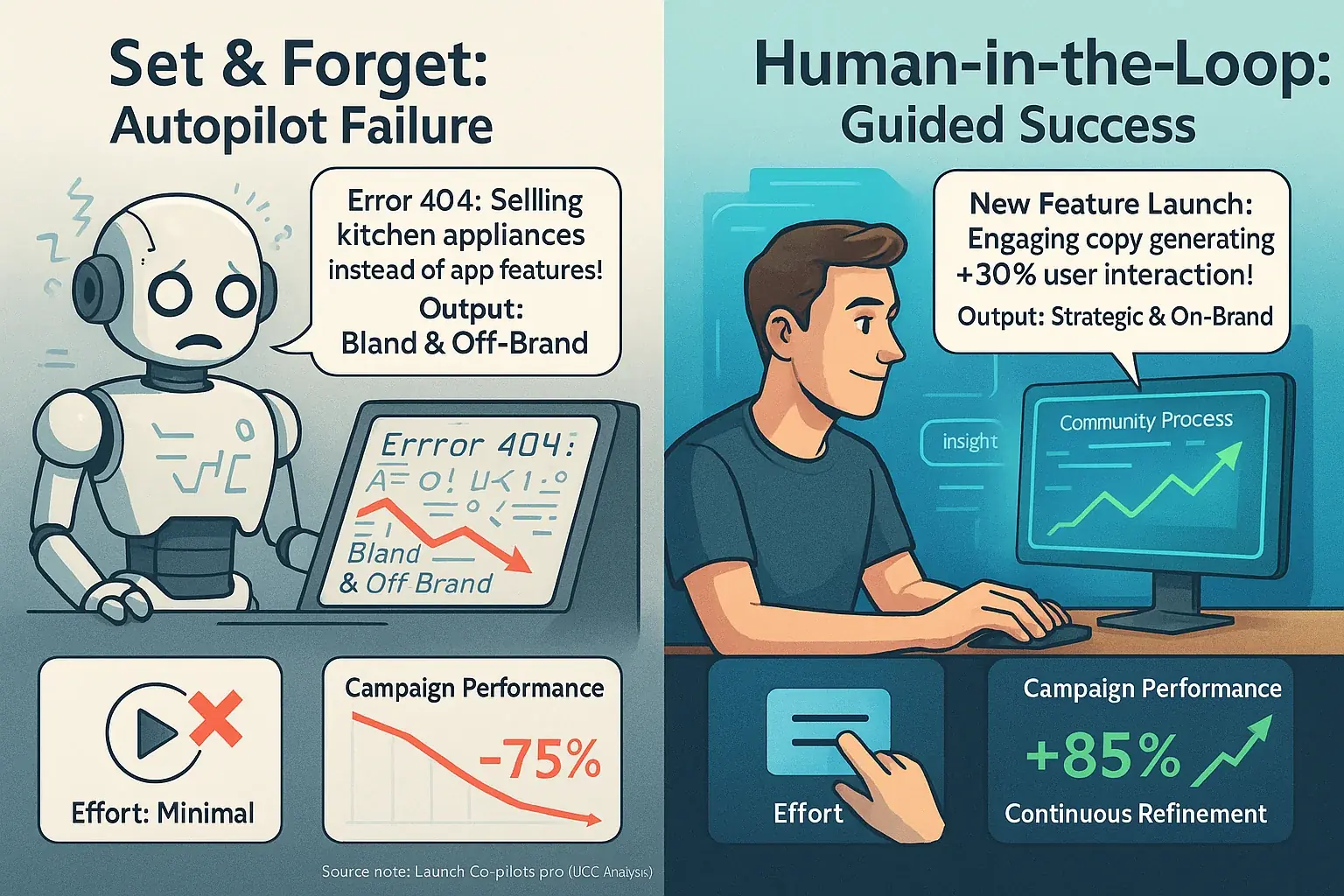 'Set & Forget': robot autonomously fails. 'Human-in-the-Loop': human guides system to success.