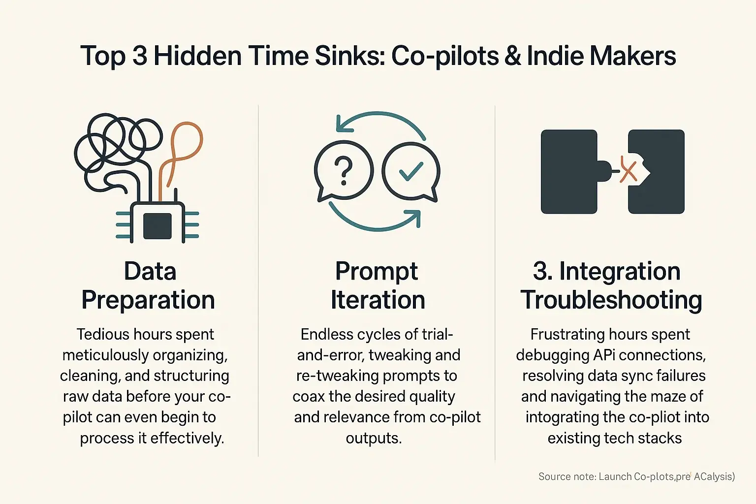Icon-based infographic: 3 hidden co-pilot time sinks for indie makers: data prep, prompt iteration, integration, showing