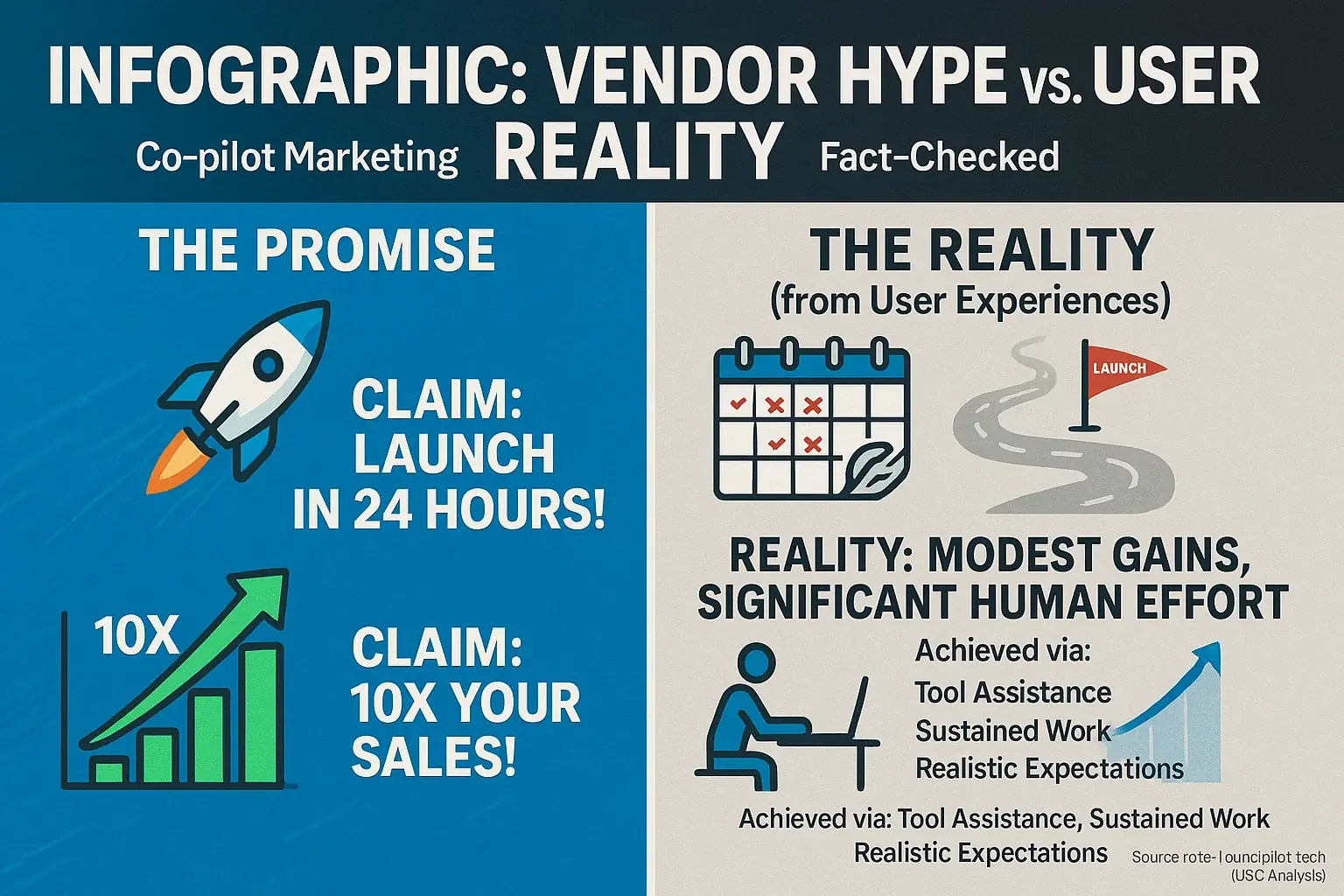 Chart debunking vendor hype: Review co-pilot claims (e.g., 'Launch in 24h') vs. user reality ('weeks of setup').