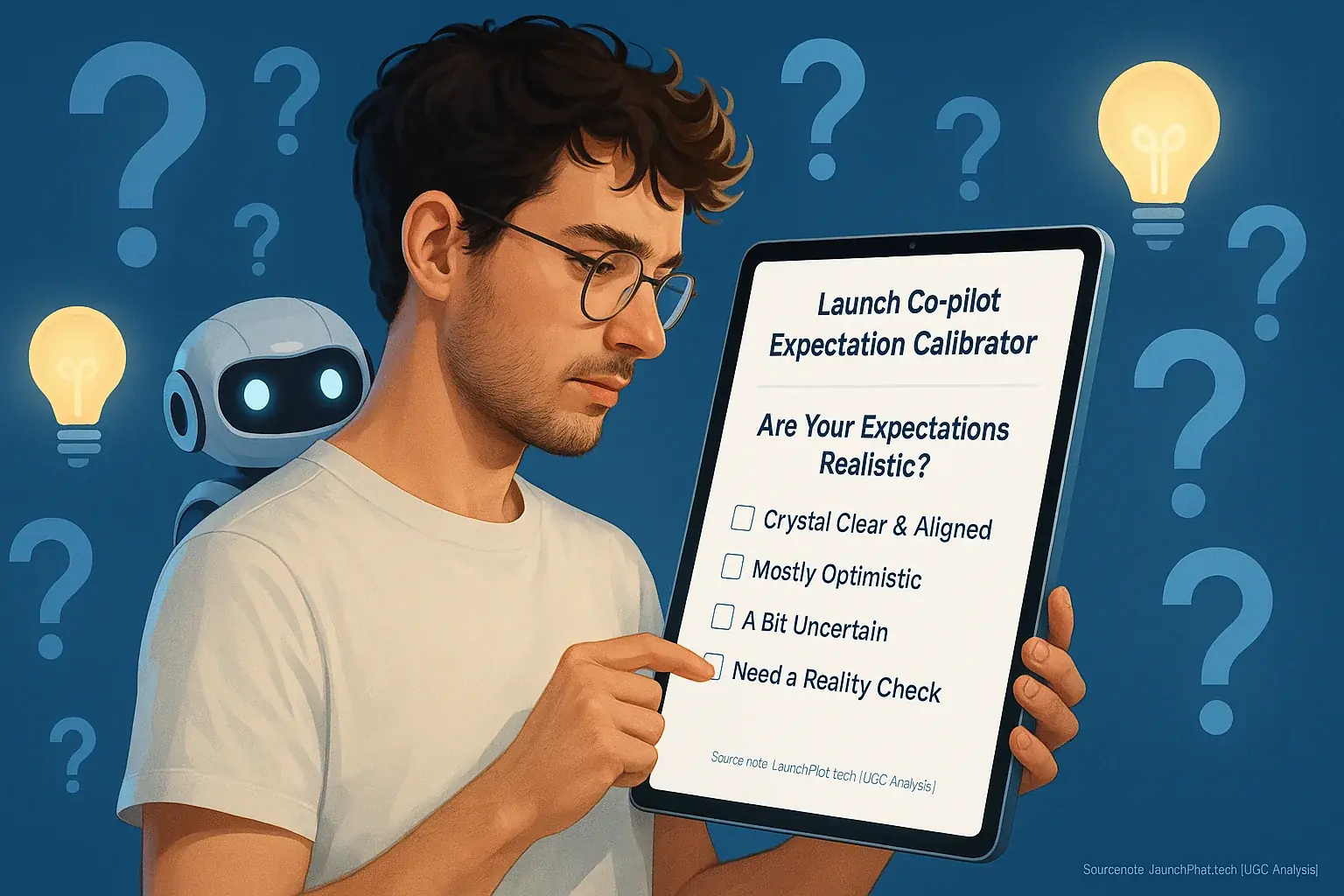 User on tablet with user analysis co-pilot, taking quiz to calibrate feedback analysis launch expectations; Qs & insights.