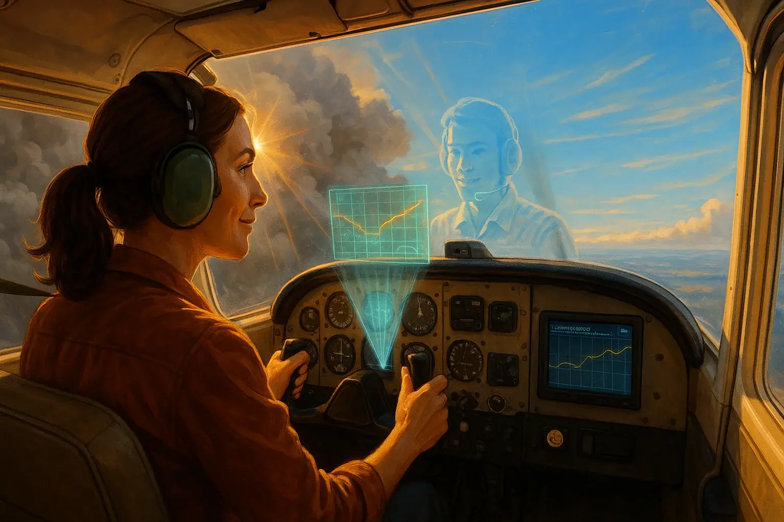 Confident indie maker & helpful co-pilot navigate launch plane through challenges to clear, realistic skies.
