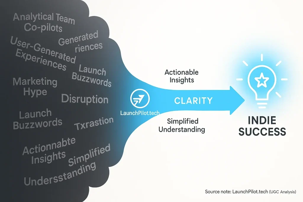 Infographic: A buzzword data cloud simplifies into a clear path, revealing launch co-pilots for indie makers.