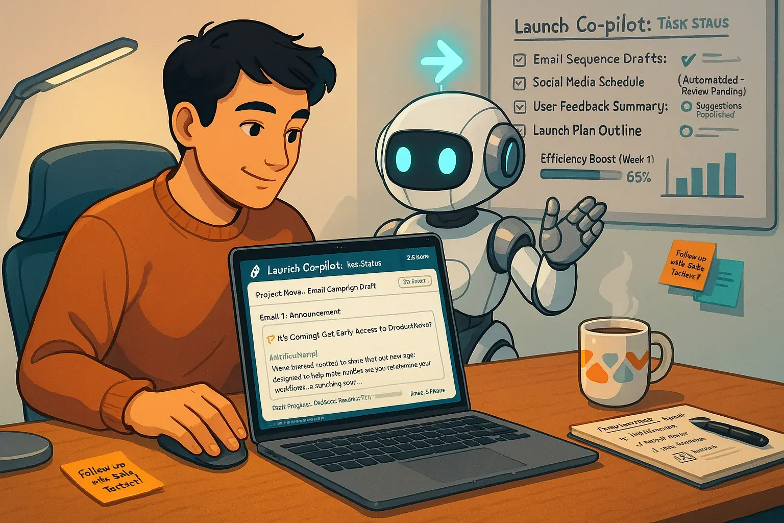 Friendly, stylized robot co-pilot helps indie maker with launch tasks, visually defining a Launch Co-pilot.