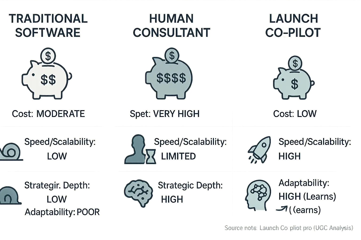 Three-panel infographic: Co-pilot vs. tools & consultants on cost, speed, scalability, strategic depth, using icons.