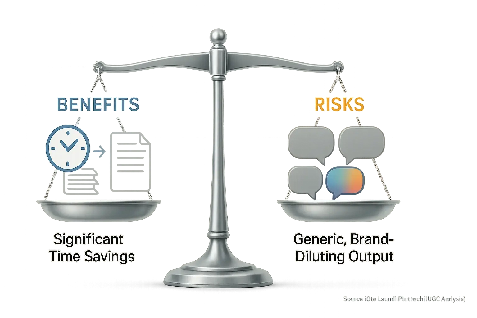 Balanced scale illustrates trade-offs: our discussions co-pilot benefits (efficiency) vs. risks (over-reliance) for indies.