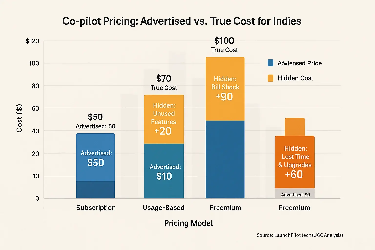 Bar chart: True vs. advertised costs for Subscription, Usage, Freemium Co-pilots. Hidden UGC fees inflate cheaper models.