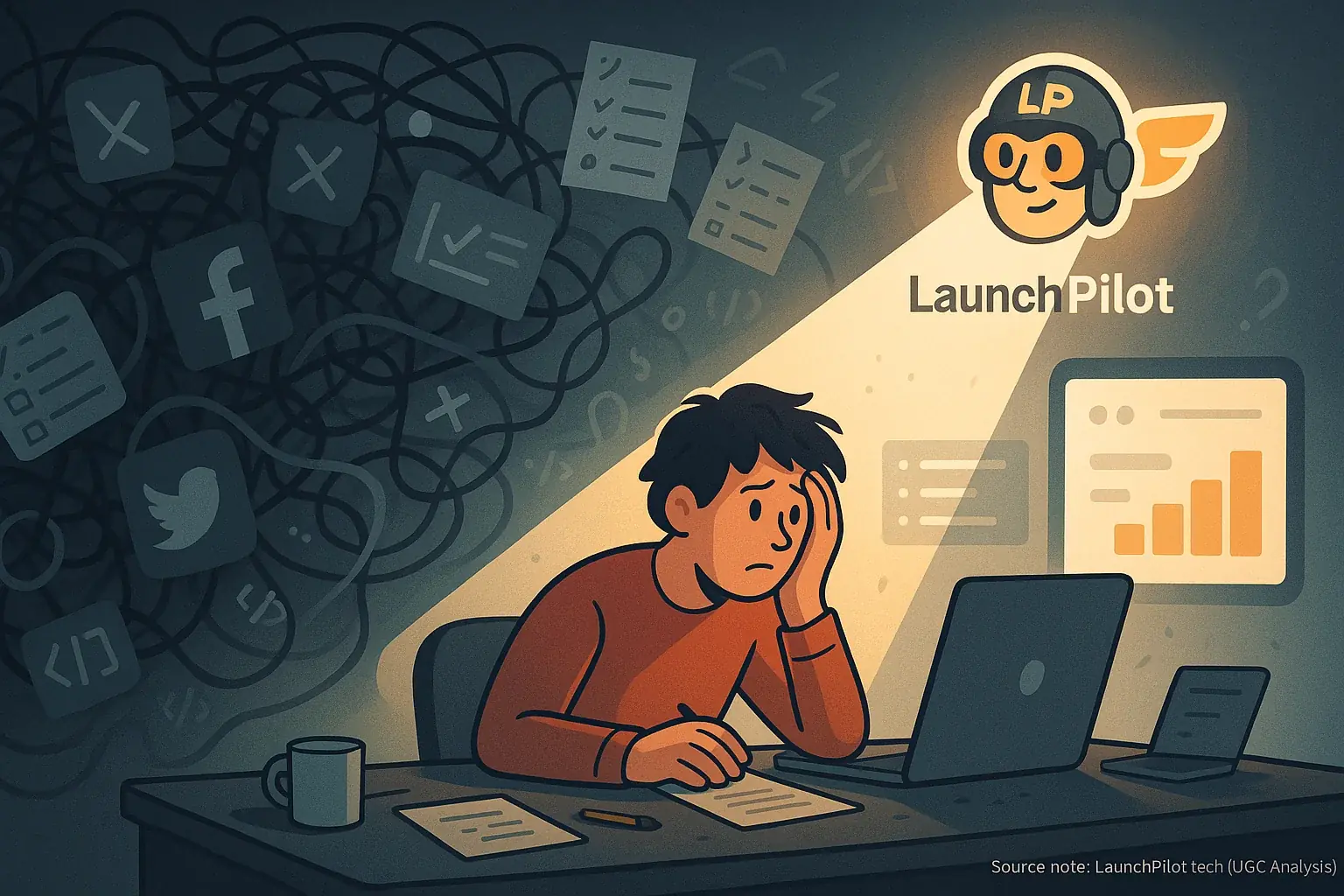 LaunchPilot.tech co-pilot: a guiding light for an indie maker overwhelmed by complex launch tools.
