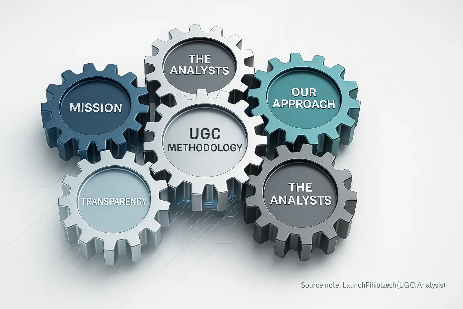 Interlocking gears show LaunchPilot.tech's core pillars (Mission, UGC, Approach, Analysts, Transparency, Community) building