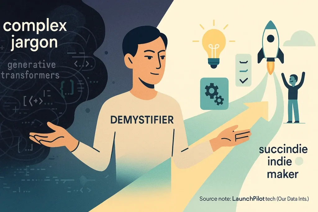 Technology Demystifier bridging complex tech jargon cloud and clear path to indie maker's product launch.