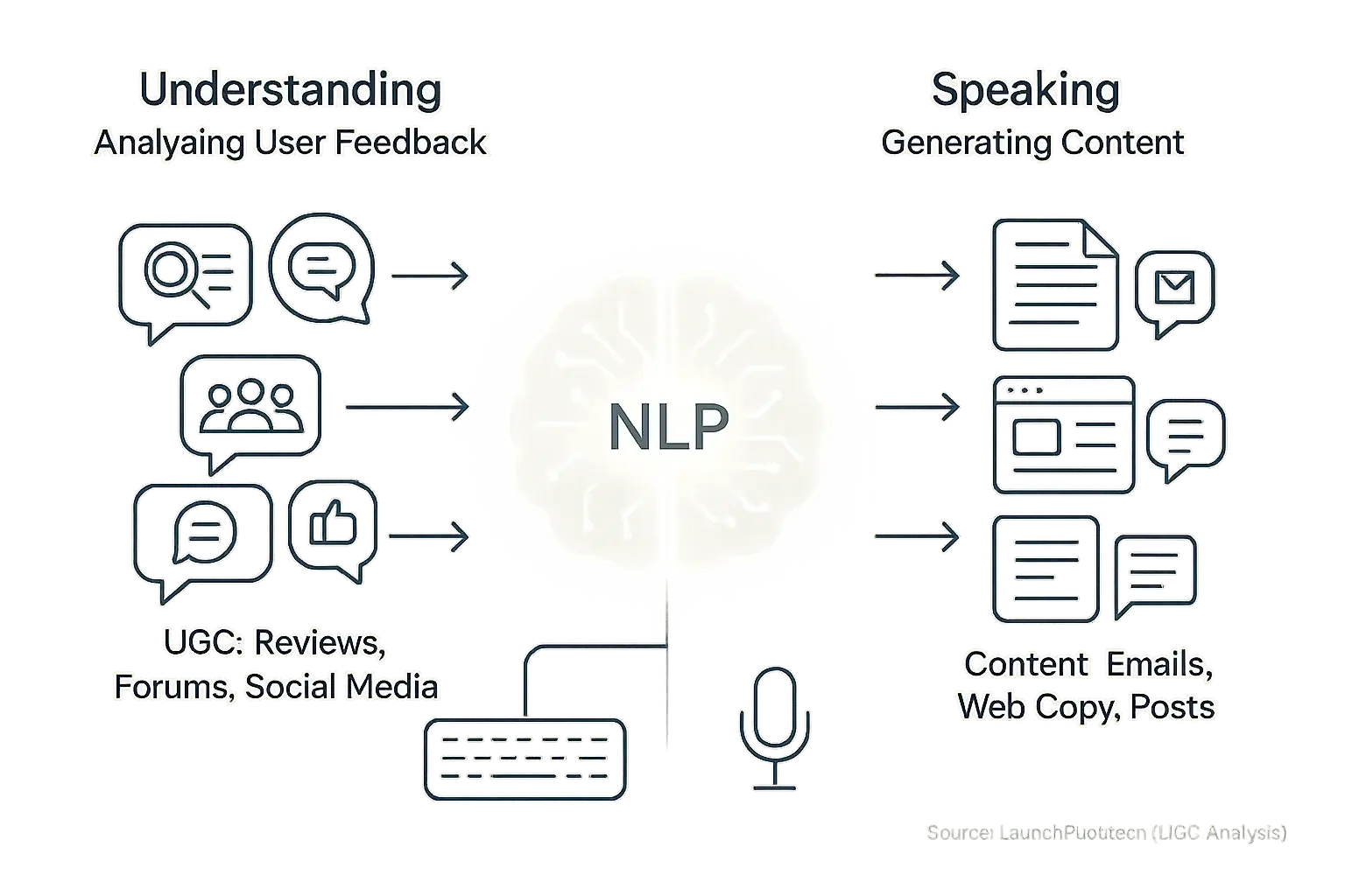 NLP: Stylized brain processes human input (speech/keyboard), 'understanding' & 'speaking' via text/speech.
