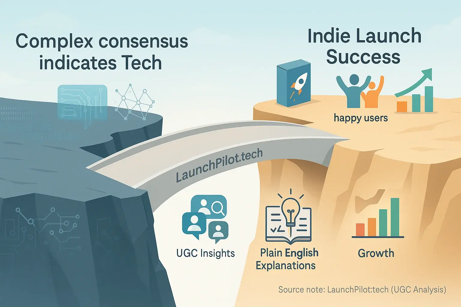 LaunchPilot.tech bridges complex tech discussions to indie launch success, using UGC insights & plain English explanations.