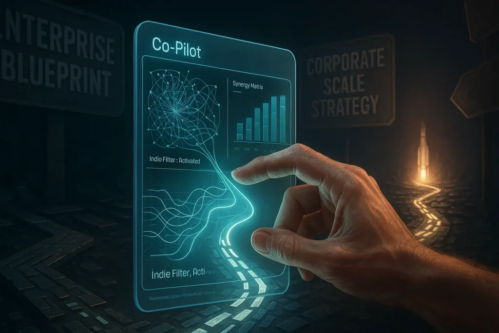 Indie maker's hand, the human filter, guides co-pilot review reviews on a winding path to launch, adapting feedback.