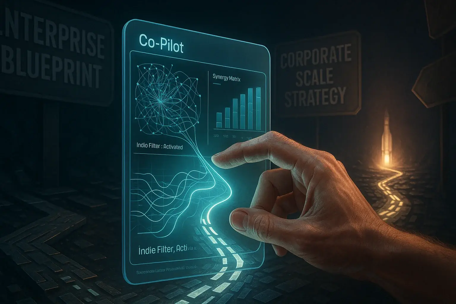 Indie maker's hand, the human filter, guides co-pilot review reviews on a winding path to launch, adapting feedback.