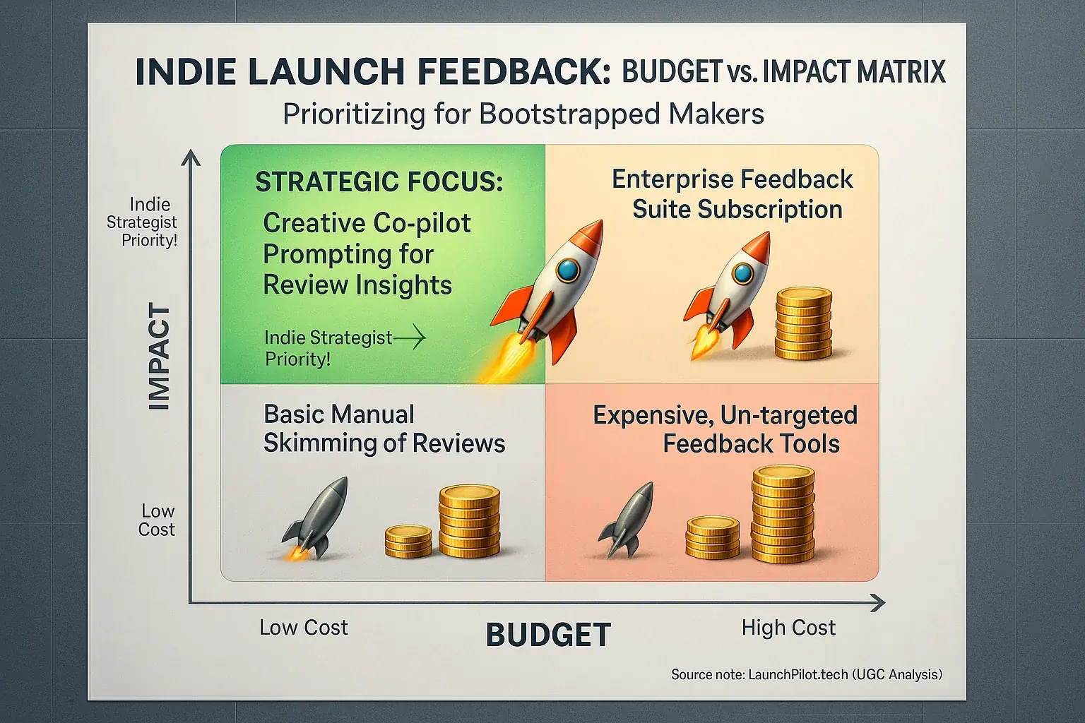 Indie launch strategy matrix: budget (coins) vs. impact (rocket), highlighting low-cost, high-impact choices for makers.