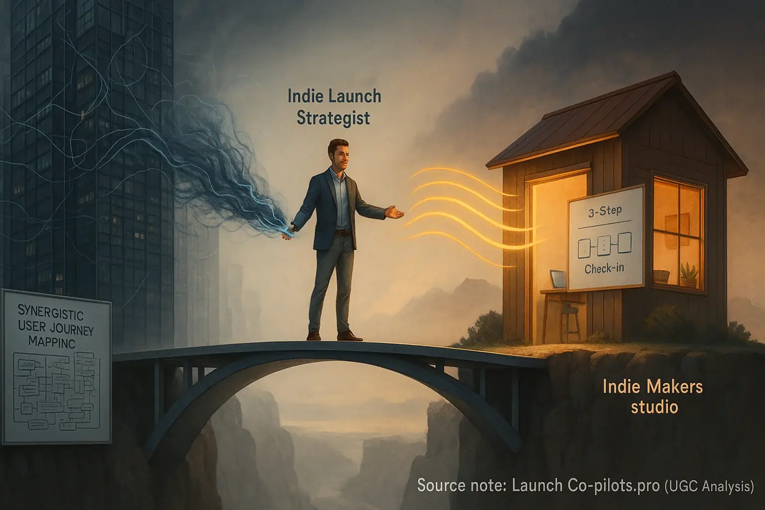 Indie Launch Strategist on bridge guides enterprise discussion insights from high-rise to minimalist indie studio.