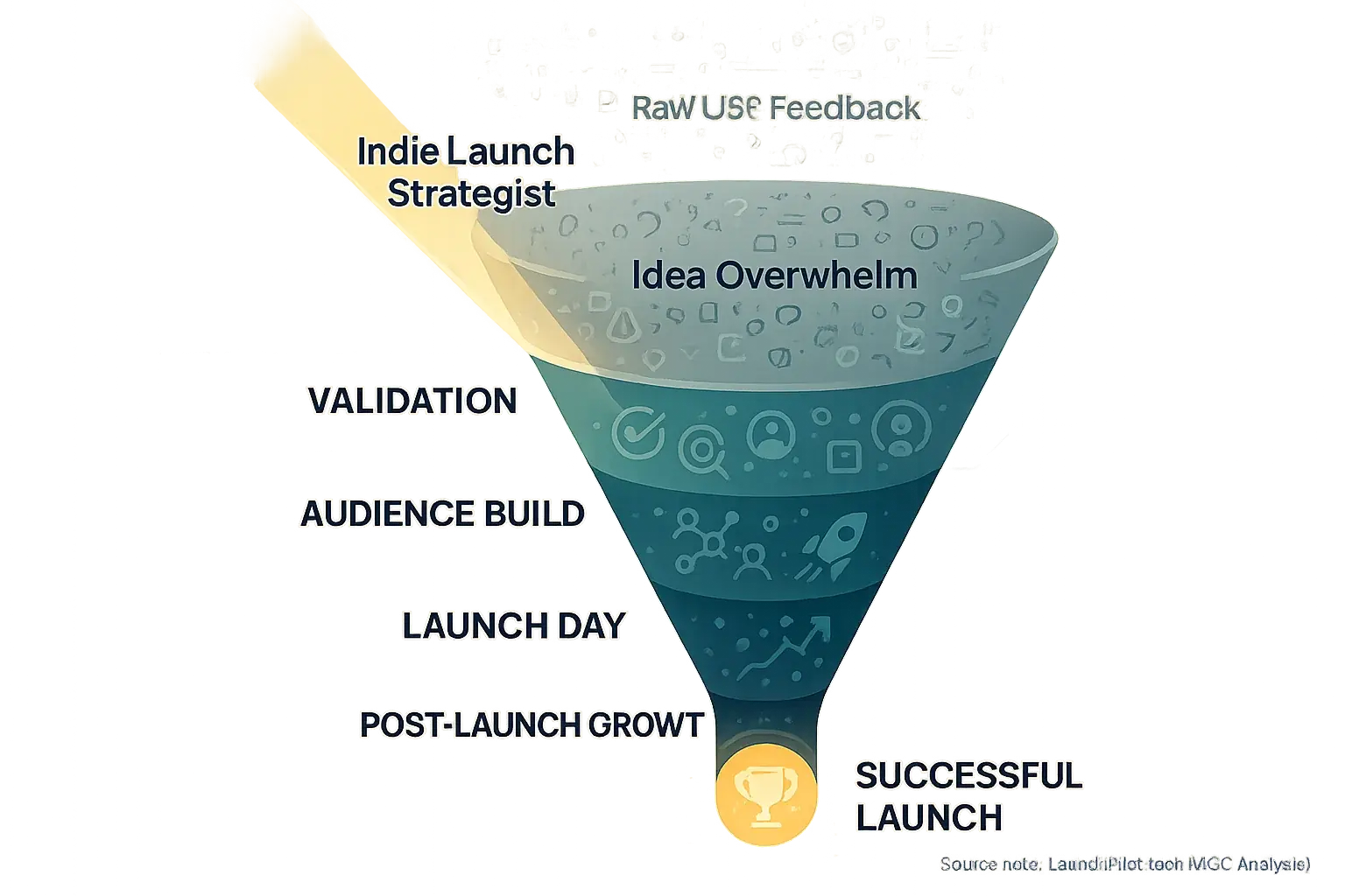 Stylized success funnel: Strategist's guiding light leads indies from idea overwhelm to successful launch through key stages.