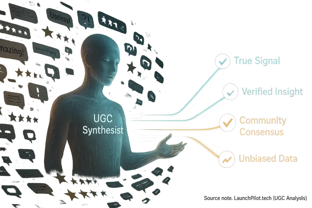 LaunchPilot's UGC Synthesist: stylized figure turning diverse digital inputs into glowing actionable insights.