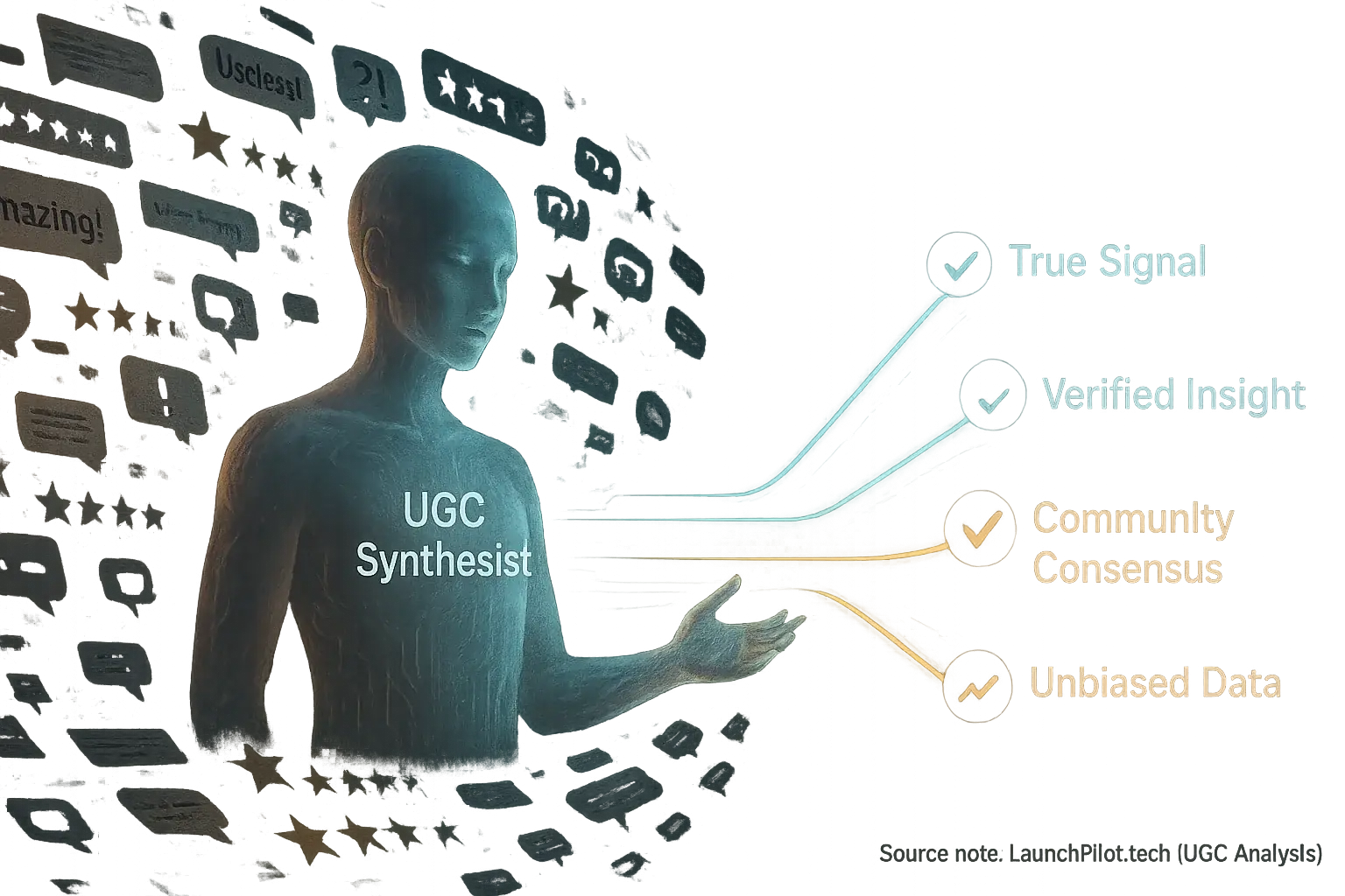 LaunchPilot's UGC Synthesist: stylized figure turning diverse digital inputs into glowing actionable insights.