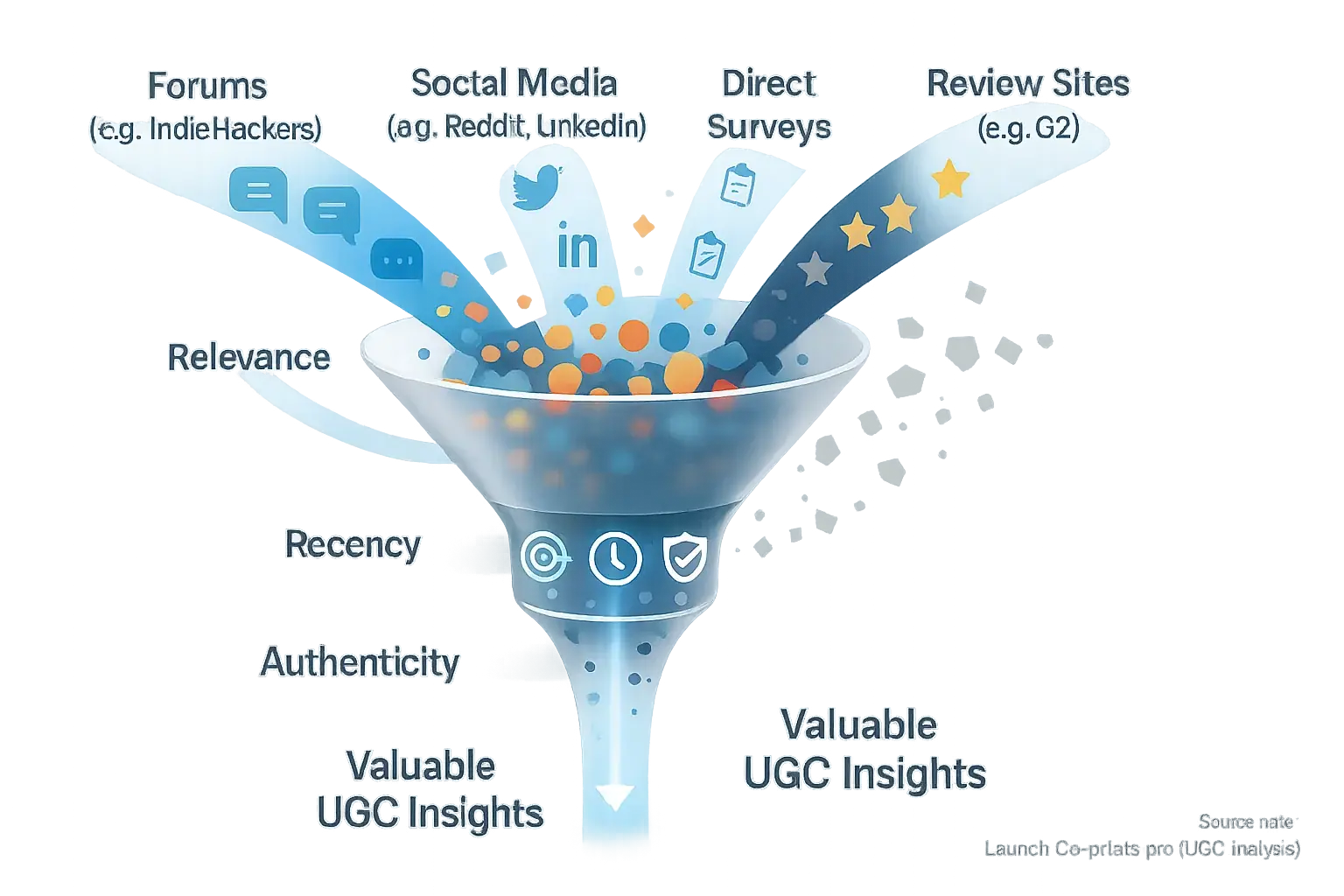 Mass UGC (forums, reviews, social, surveys) funnels into a pipeline, filtered for relevance, recency, authenticity.