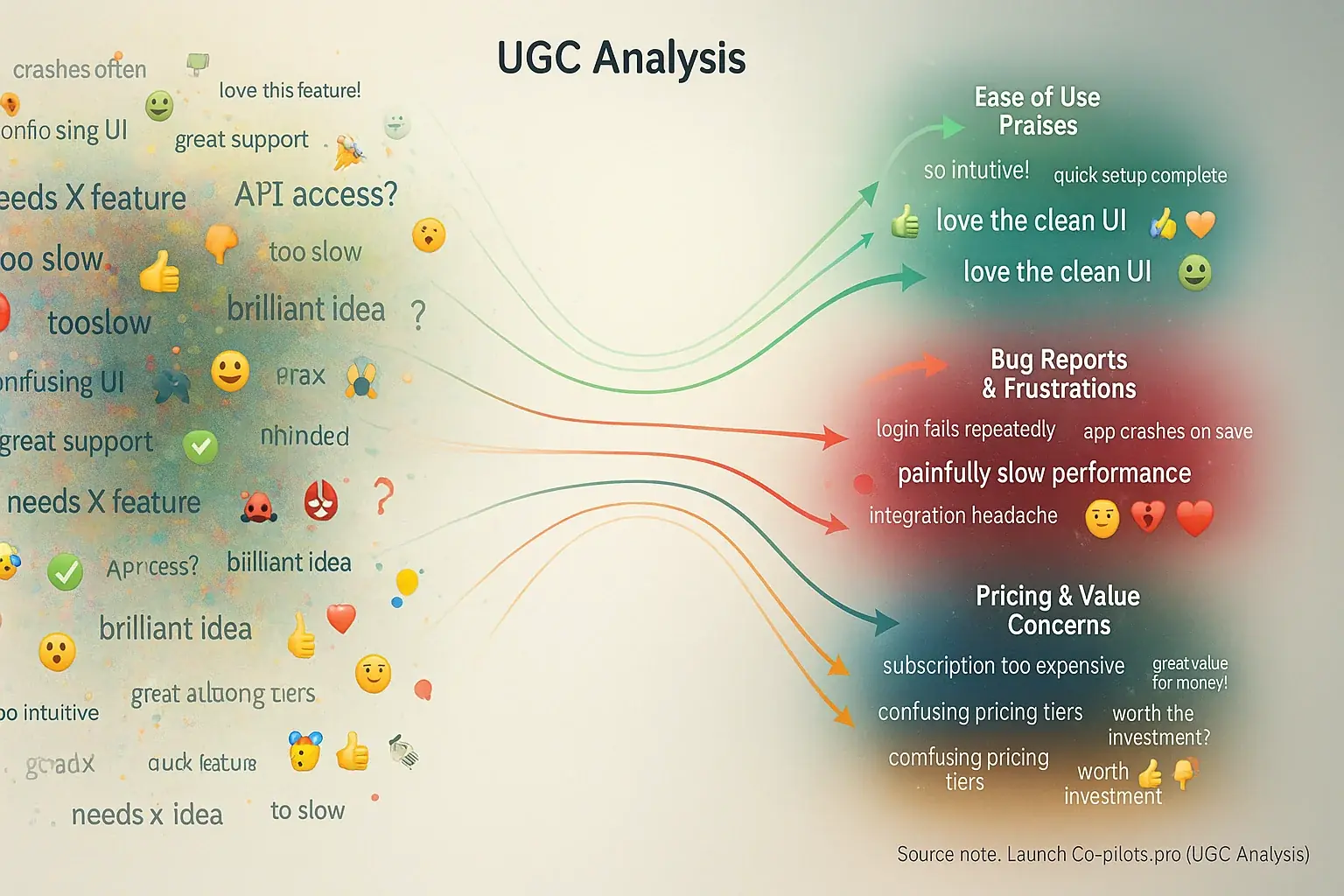 Infographic: Raw UGC coalesces into themed clusters (Pricing, Ease of Use), showing sentiment flow for thematic analysis.