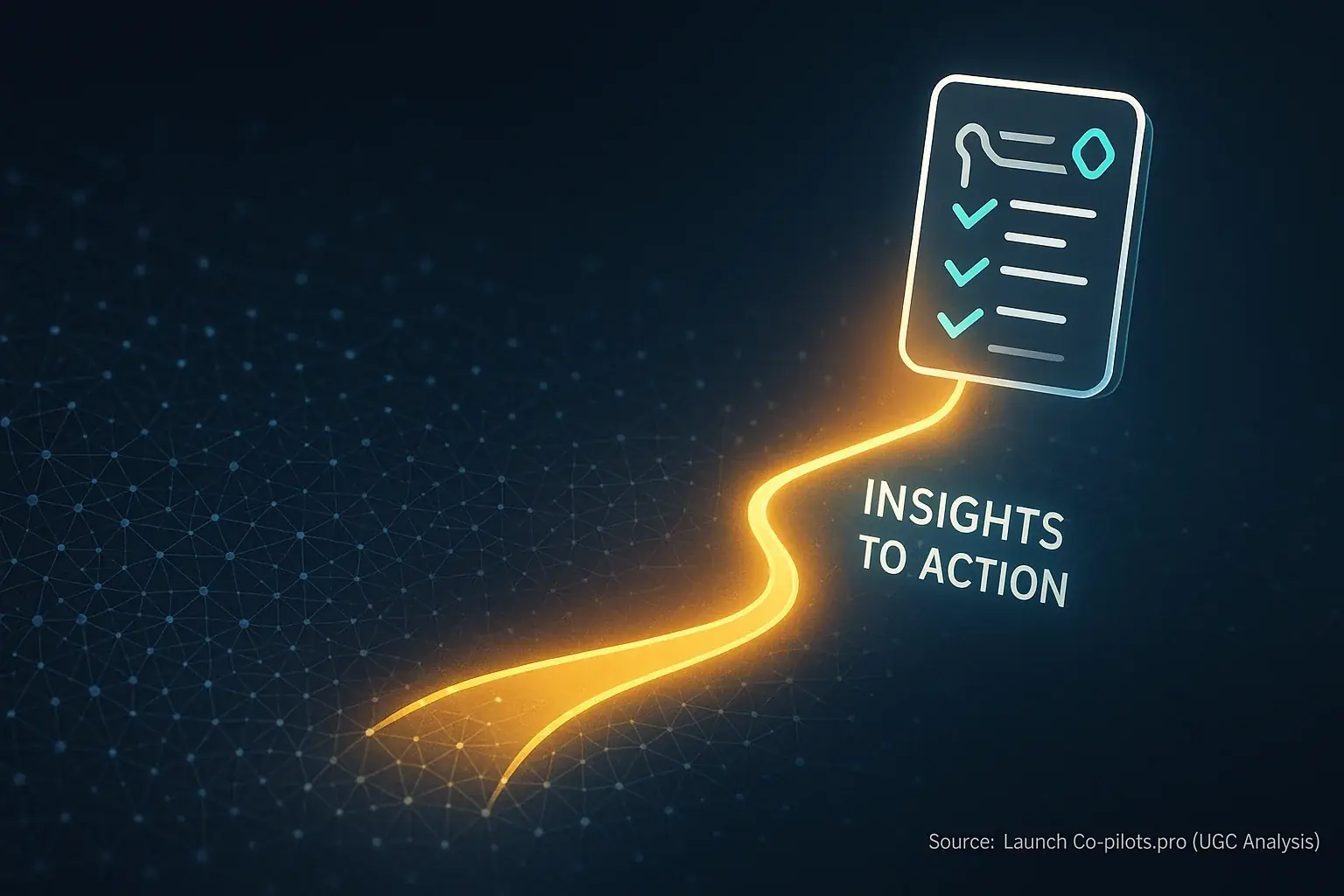 Illuminated path distilling complex UGC insights into an actionable launch checklist, showing 'Insights to Action'.