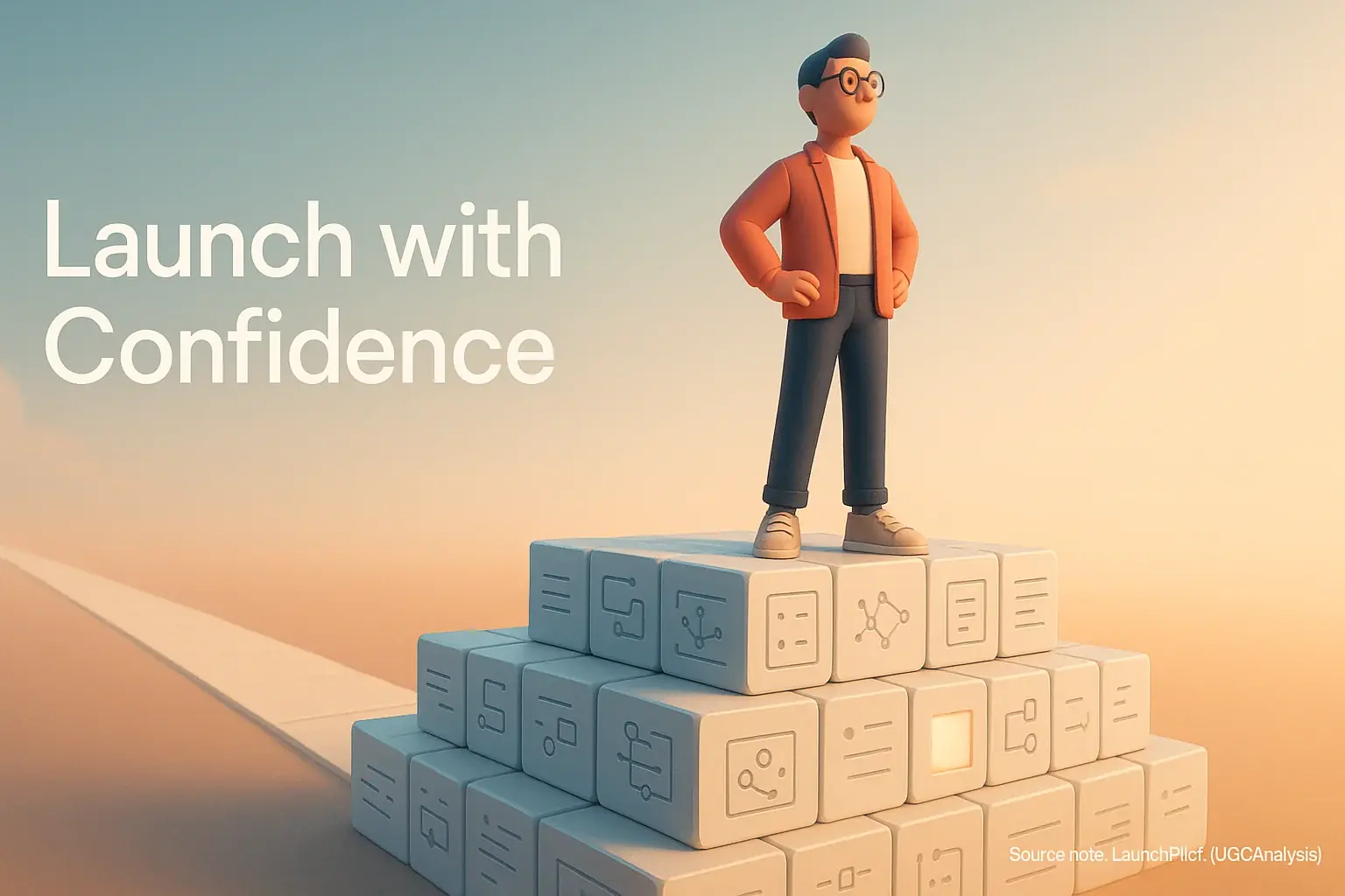 Confident indie maker on solid UGC insights platform, ready to launch on a clear path. 'Launch with Confidence.'