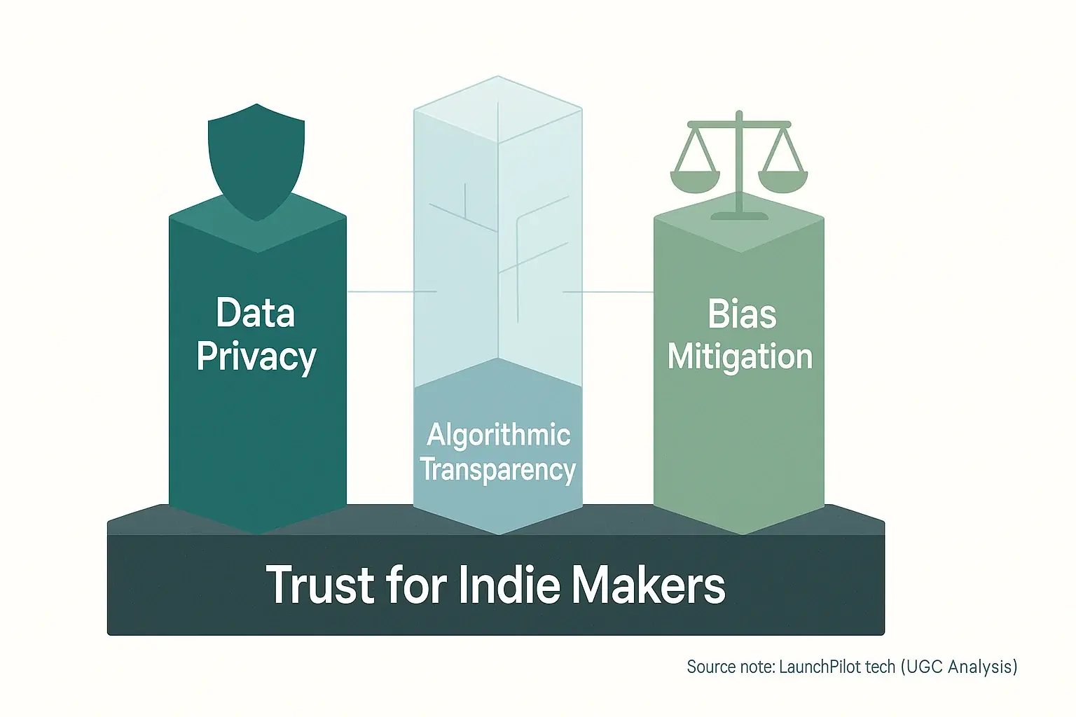 Interconnected pillars: Data Privacy, Transparency, Bias Mitigation, on 'Trust for Indie Makers' foundation.