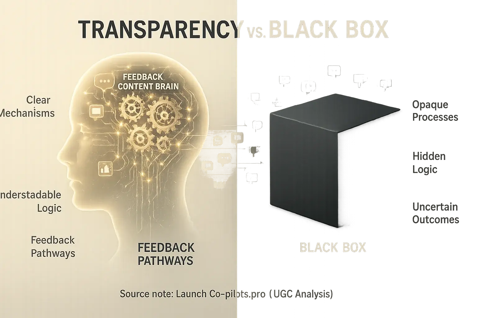 Transparent brain with clear gears ('Transparency') vs. shadowy 'Black Box,' showing algorithmic clarity vs. opaque systems.