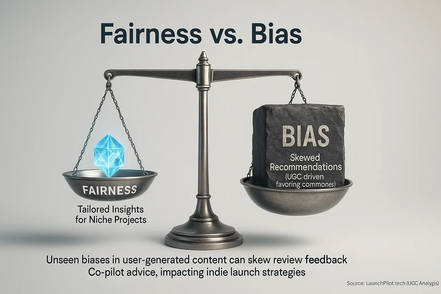 Conceptual scale tipped by a 'bias' weight, showing user feedback bias compromising fairness.