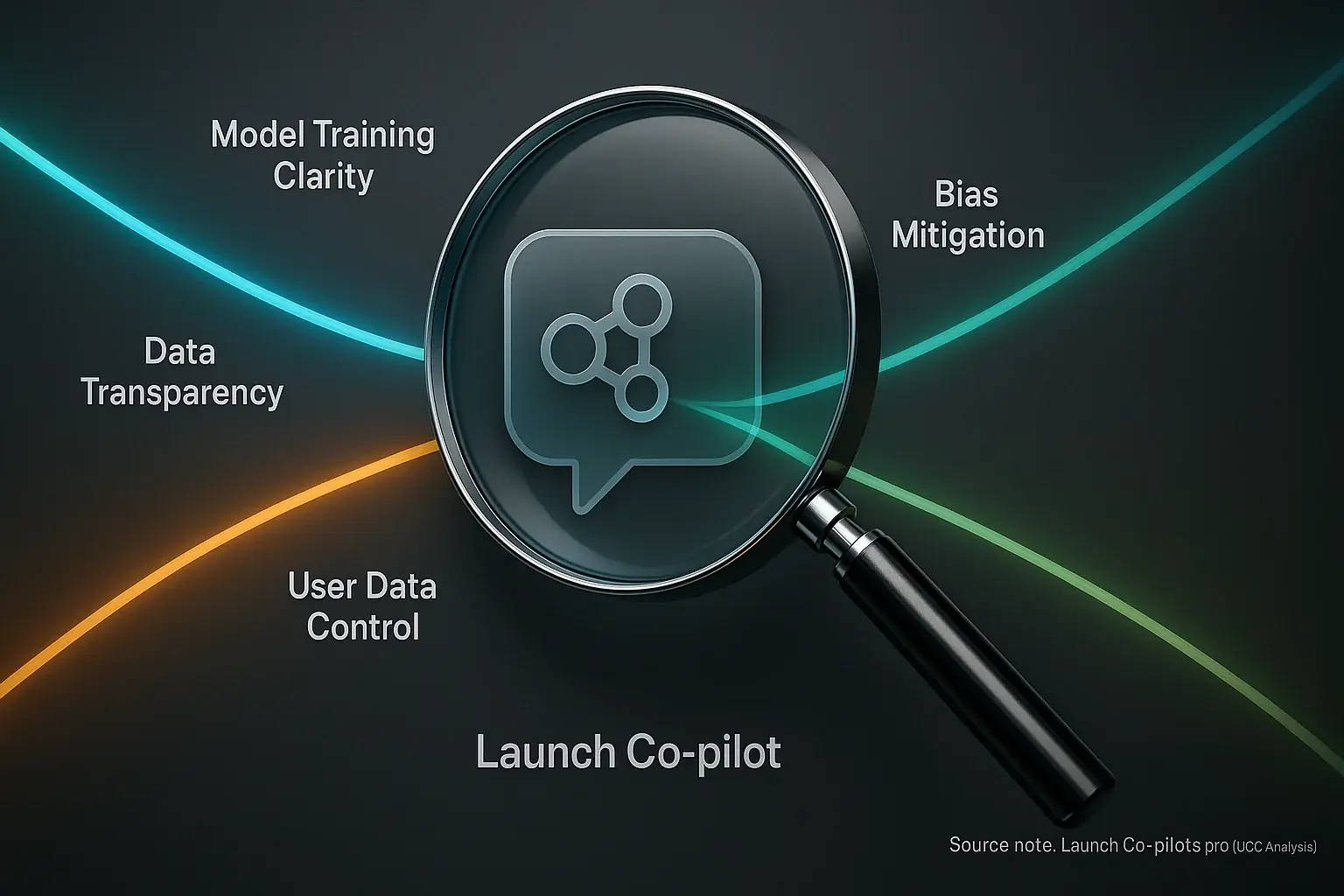 Magnifying glass, guided by glowing ethical lines, analyzes data system, showing LaunchPilot.tech's ethical review pledge in