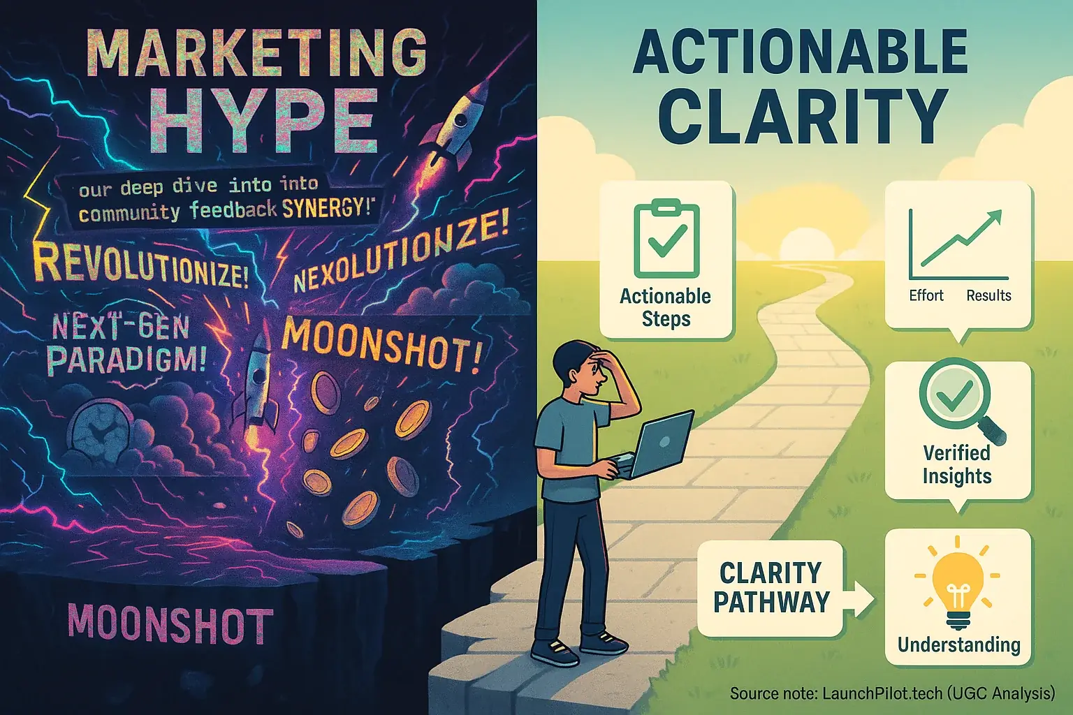Infographic: Scale divides flashy hype from maker&#x27;s need for clear steps. Maker overwhelmed by hype, hopeful for clarity.