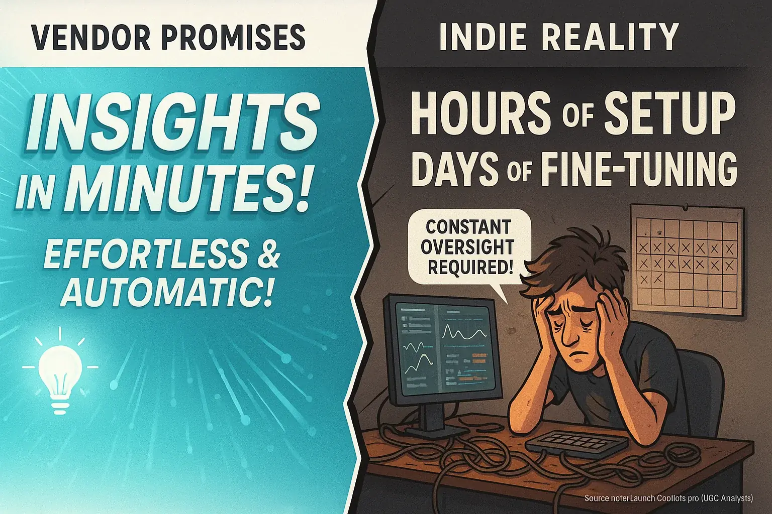 Split infographic: Vendor promises (glossy claims) vs. indie reality (frustrated figures), highlighting the stark disconnect.