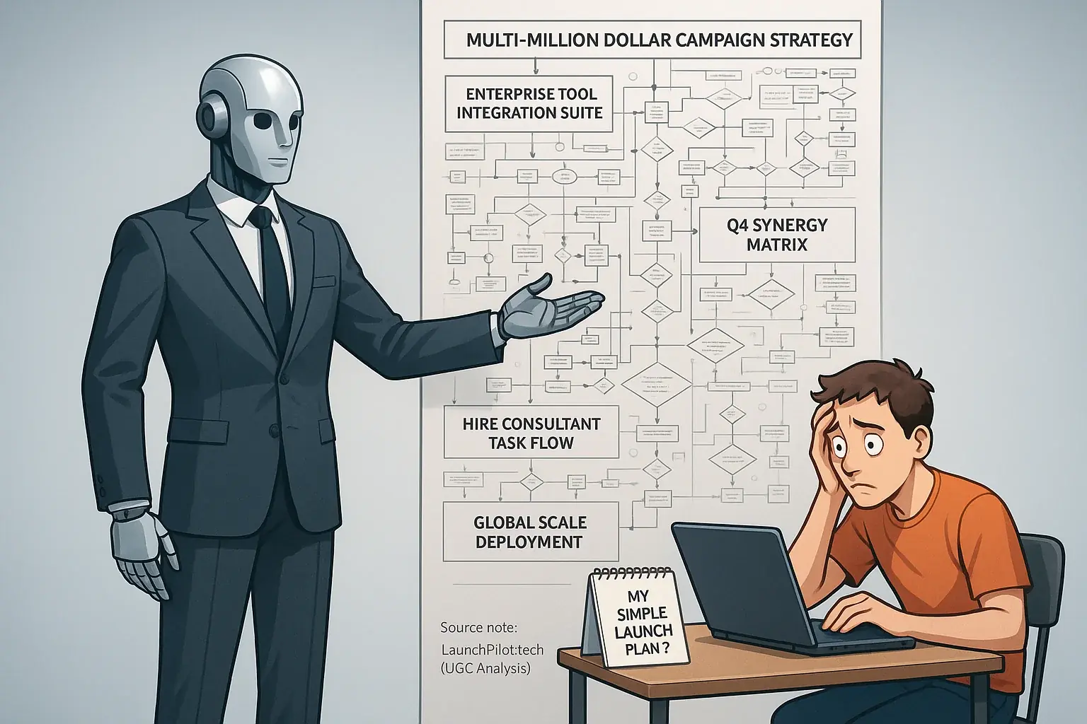 Infographic: Corporate robot&#x27;s huge, complex flowchart overwhelms a confused indie maker, showing generic advice failure.