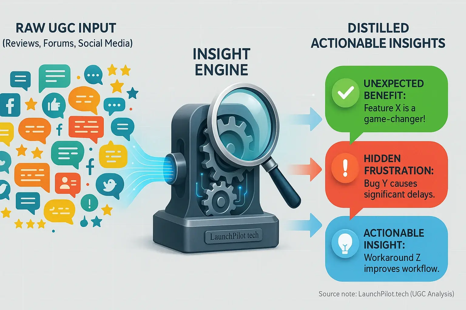 Analytical engine filters noisy UGC (reviews, discussions) into clear, actionable insights for indie makers.